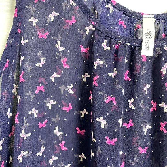 Daisies Pink White Ribbon Bow Printed Sheer Swing Navy Tank Size Medium - Picture 7 of 10